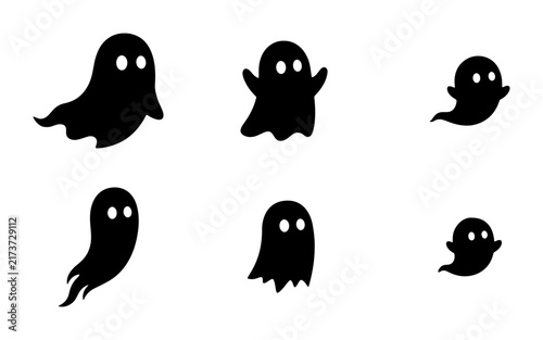Six Black Ghost Icons, Spooky Halloween Vector Elements, Cute Phantom Shapes for Holiday Design
