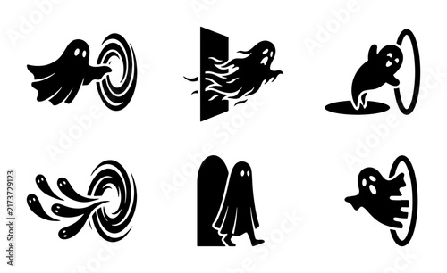 Spooky Ghost Icons Set, Halloween Portal Entry Vector Graphics, Mysterious Spirit Portal Illustrations