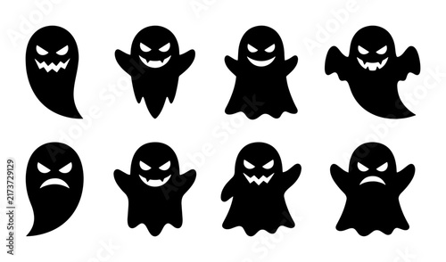 Spooky Halloween Ghosts Vector Icons, Black Silhouettes with Scary Faces, Eerie Spirits Collection