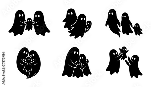 Cute Ghost Family Silhouettes, Spooky Halloween Icons, Playful Spirit Graphics, Black & White Vector Set