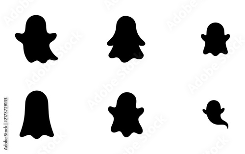 Six Black Ghost Icons, Spooky Halloween Vector Silhouettes, Cute Cartoon Spirit Shapes