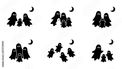 Spooky Ghost Family Icons, Halloween Characters, Cute Ethereal Spirits, Black Silhouettes on White
