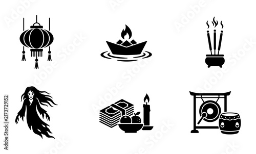 Chinese Ghost Festival Icons, Paper Offerings, Lanterns, Incense, Gong, Money, Vector Set