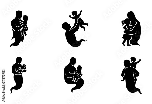 Father and Child Silhouette Icons, Family Love, Parenting, Parenthood, Childhood, Bonding, Care