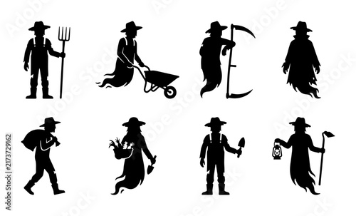 Farmer Silhouette Icons, Rural Life Vector Set, Agricultural Work Graphics, Harvest Collection