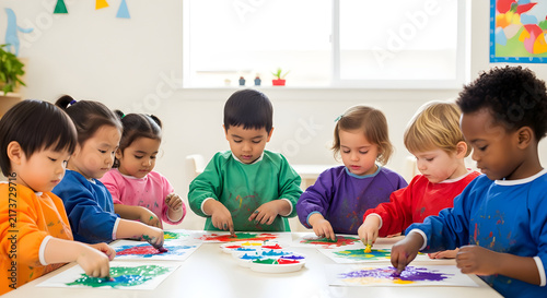 Diverse group of focused preschool children enjoying finger painting art class in colorful kindergarten classroom