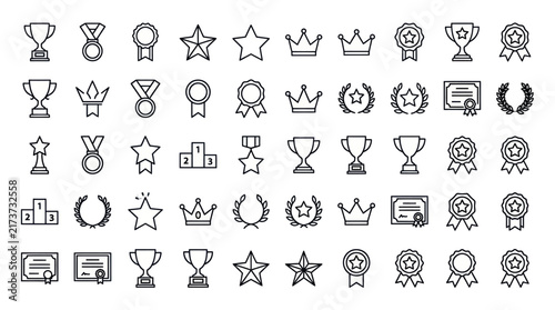 Trophies medals and award recognition line icons