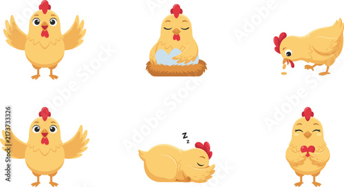 Принти на полотні Cute hen character set showing funny farm chicken poses sleeping on nest broodin