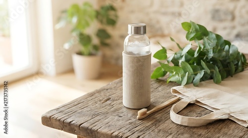 Reusable glass water bottle with a bamboo lid and a wooden toothbrush on a rustic wooden table