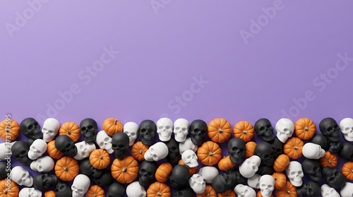 Halloween background with small decorative skulls and pumpkins arranged in a row on a purple surface