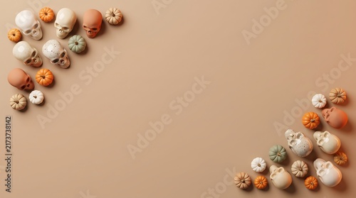 Assorted colorful dry breakfast cereal loops arranged in two corners on a solid light brown background