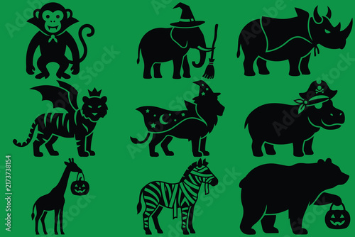 Set of wild animals wearing halloween costumes featuring a monkey vampire an elephant witch a rhino knight a dragon tiger a lion wizard a pirate hippo a giraffe pumpkin and a zebra mummy bear