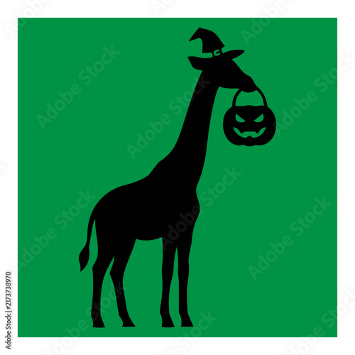 Black silhouette of a tall giraffe wearing a festive witches hat and carrying a carved glowing pumpkin bucket for trick or treat fun during the autumn season celebration for children and families