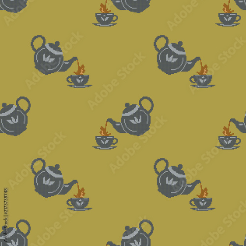 Seamless cross stitch embroidery pattern with pixel art teapots pouring tea into cups on a muted yellow background. Retro style vector illustration perfect for textile design, wrapping paper wallpaper