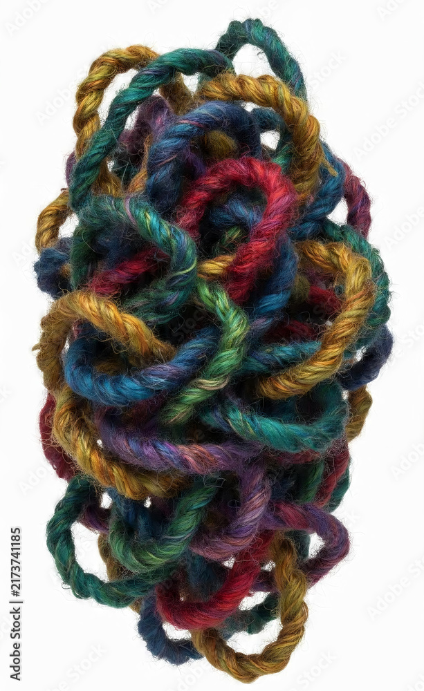 Obraz premium A visually striking abstract composition featuring a tangled mass of brightly colored, braided ropes against a clean white background, showcasing texture and vibrant hues