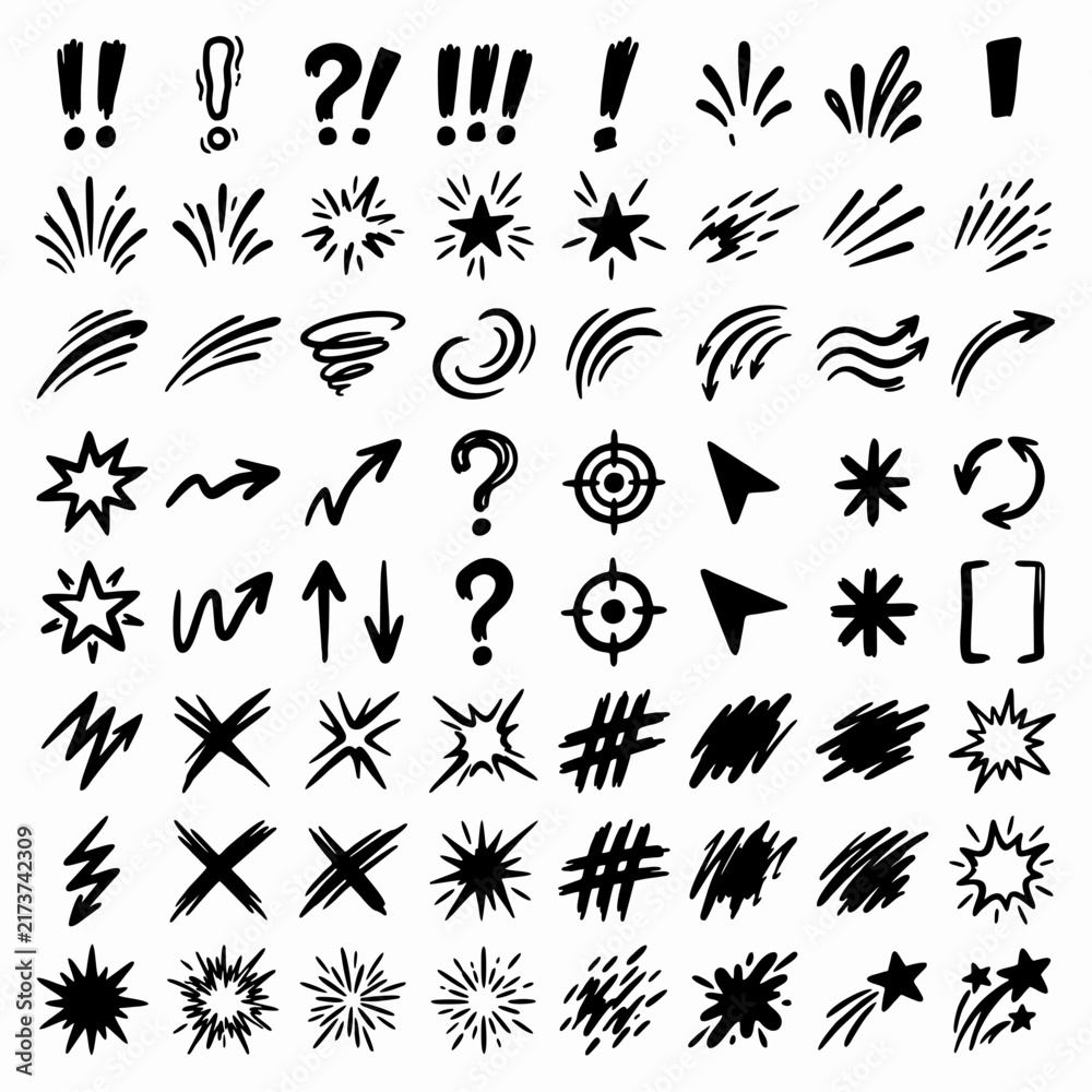 Fototapeta premium Comic Expression and Action Symbols Hand Drawn Doodle Graphic Elements Vector Set