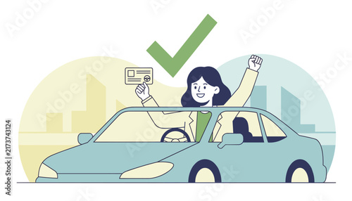 Joyful young woman celebrating passing her driving test while holding her driver license from a convertible car.