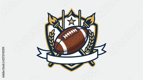 Professional america football logo featuring a brown ball with white laces set against a crest shield with goalposts torches a gold star and a blank ribbon banner for custom text