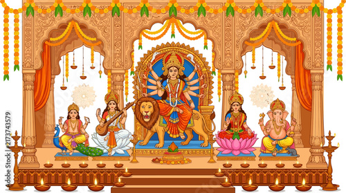 Foto Detailed vector illustration of Hindu Goddess Durga riding a lion with deities Ganesha, Lakshmi, Saraswati, and Kartikeya inside a golden pandal with marigold garlands and oil lamps