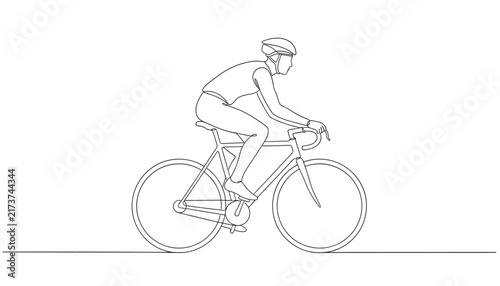 Minimalist continuous line drawing of a professional cyclist wearing a helmet riding a speed racing bicycle.