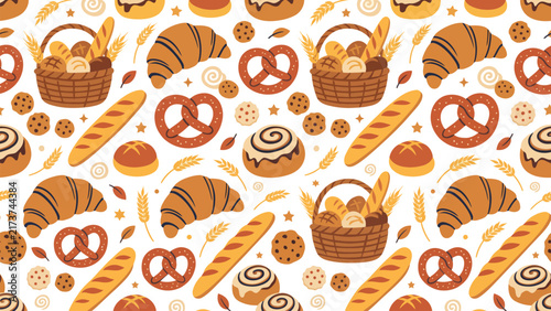 Seamless pattern featuring bread, pastries and bakery items arranged in baskets for food themed graphic design.