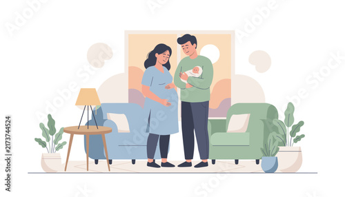 Loving husband holding a newborn baby next to his happy pregnant wife in a cozy and modern living room setting.
