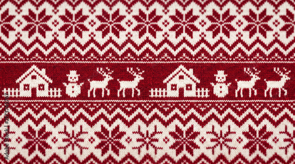 Seamless nordic pattern with reindeer houses and traditional winter snowflake designs
