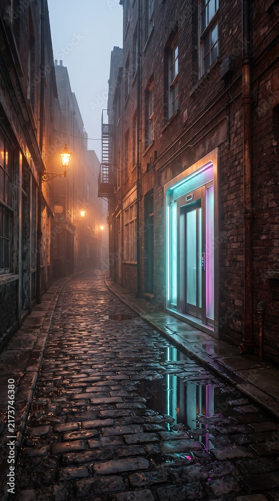 Fototapeta premium Misty cobblestone alley with glowing street lamps and neon doorway, historic brick architecture blending with modern lights, atmospheric urban travel scene for cultural exploration