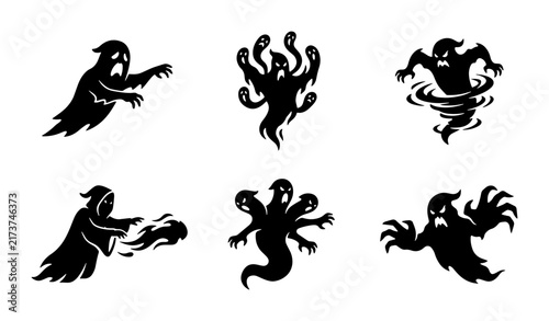 Принти на полотні Spooky Halloween Ghost Icons, Eerie Phantom Silhouettes, Scary Monster Vector Se