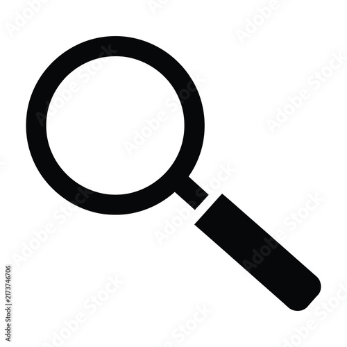 Magnifying glass icon in black silhouette for search and discovery UI interface