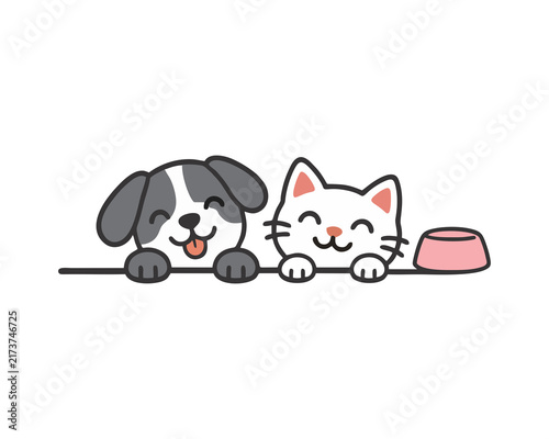 Cute Dog and Cat with Pet Food Bowl, Minimalist Vector Illustration