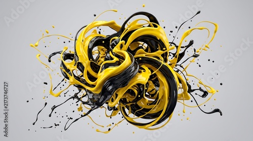Abstract artistic composition featuring vibrant yellow and black paint splashes on a clean white background