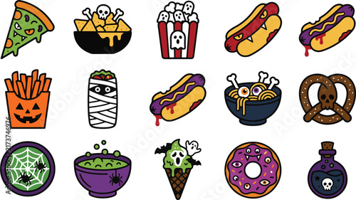 Cute spooky Halloween fast food icons vector set with pizza, hot dog, and ice cream.