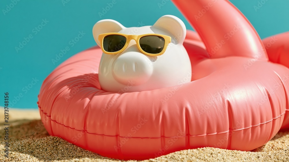 Fototapeta premium White piggy bank wearing sunglasses on pink inflatable