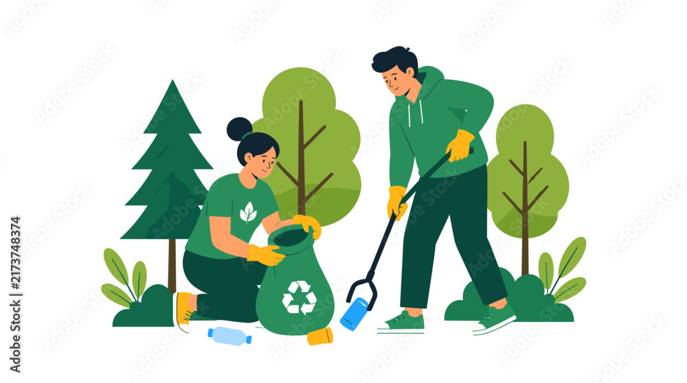 Fototapeta premium Two Volunteers Cleaning Up Litter in a Park Scene.