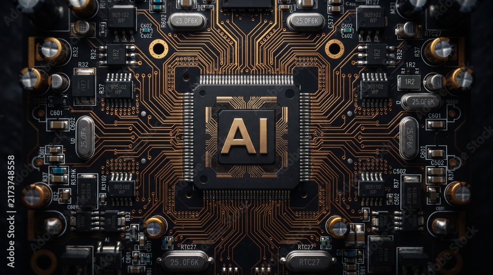 Fototapeta premium Artificial Intelligence processor chip on a complex electronic circuit board background.