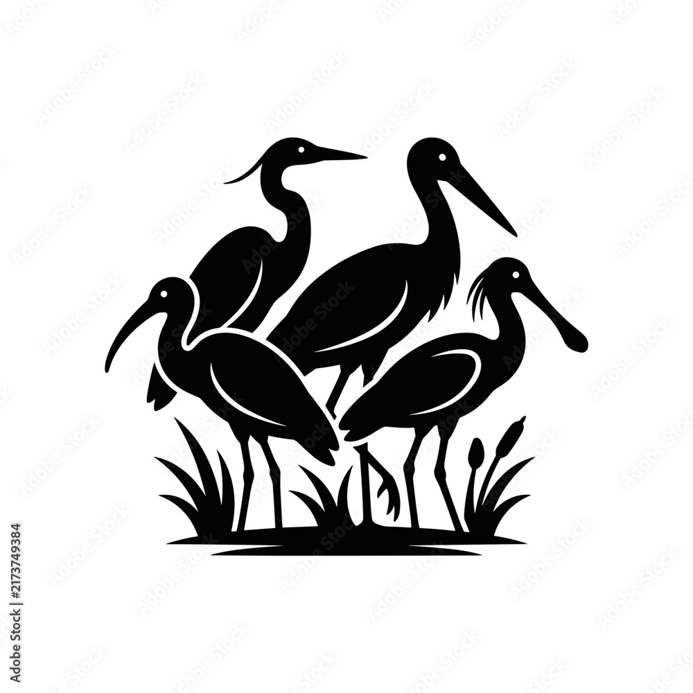 Naklejka premium Silhouette of four wading birds standing in grass.