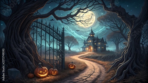 Spooky Haunted House Digital Art with Glowing Jack-O-Lanterns