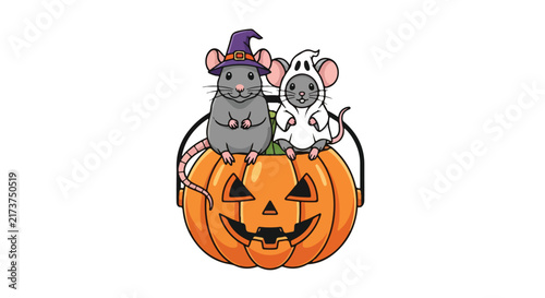 Two cute rats wearing costumes sitting on a carved jack o lantern pumpkin.