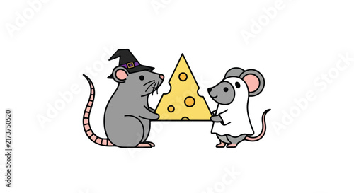 Two cute mice dressed in Halloween costumes holding a slice of yellow Swiss cheese.