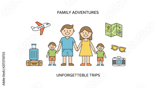 Tourism banner featuring a happy family standing together with travel icons under text about unforgettable trips.