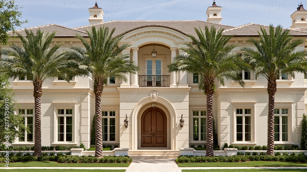 Obraz premium Luxurious mansion exterior with palm trees and manicured