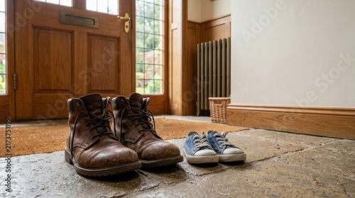 Leather Boots and Blue Sneakers Paired by the Entrance Door