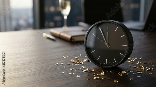 Minimalist Black Clock on Wooden Table with Gold Glitter and Champagne Glass