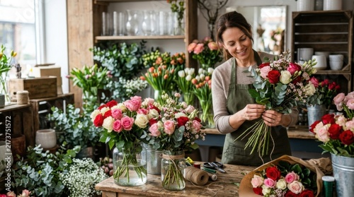 Skilled Florist Arranging Vibrant Rose Bouquets in a Bustling Flower Shop