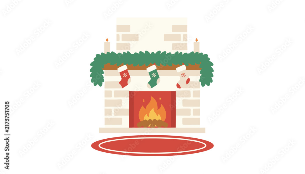 Fototapeta premium Cozy brick fireplace decorated with green garland and christmas stockings for traditional winter holidays scene.