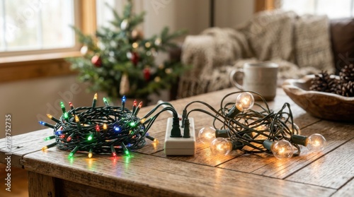Christmas Lights Plugged Into Power Strip Beside Christmas Tree