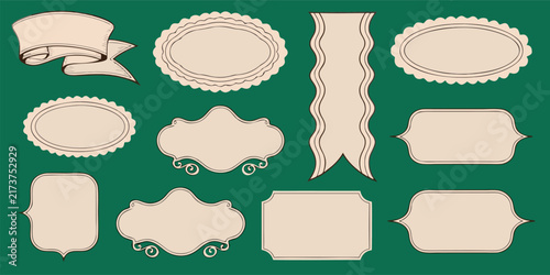Vintage Labels Ornamental Frames Scalloped Oval Borders Scroll Banners and Decorative Text Boxes Vector Set