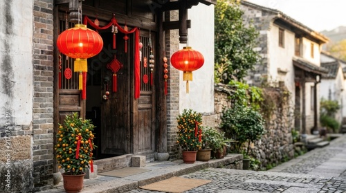 Traditional Chinese New Year Decorations Adorning an Ancient Doorway Entrance with Red Lanterns