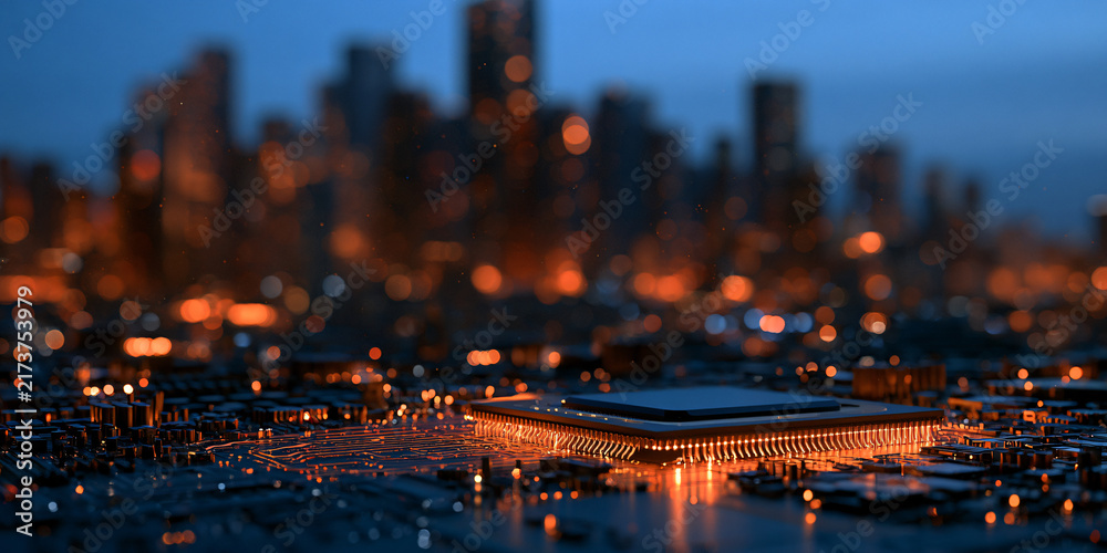Obraz premium Next-generation processor chip concept with glowing city skyline background